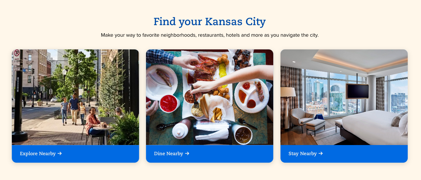 Screen from Visit KC website that shows ways to discover features of Kansas City.